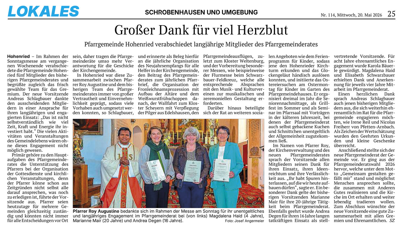 Image: Zeitungsbericht, Großer Dank für viel Herzblut - Pfarrgemeinde Hohenried verabschiedet langjährige Mitglieder des Pfarrgemeinderates.jpg